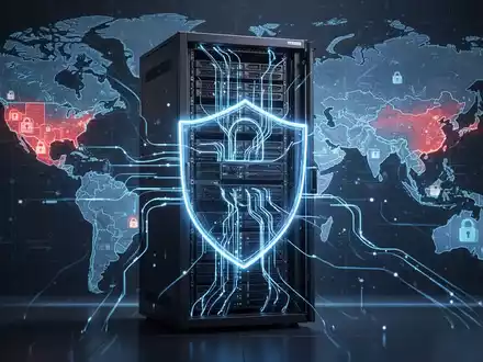 Server-Rack mit leuchtend blauen Linien, Symbol für Cybersicherheit, vor Weltkarte mit hervorgehobenen Regionen. - Foto: über boerse-global.de
