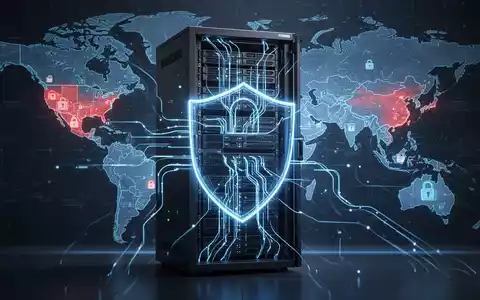 Server-Rack mit leuchtend blauen Linien, Symbol für Cybersicherheit, vor Weltkarte mit hervorgehobenen Regionen. - Foto: über boerse-global.de