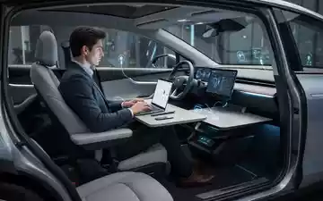 Innenansicht eines modernen Elektro-SUV, als mobiles Büro eingerichtet, mit einer Person, die an einem Laptop arbeitet. - Foto: über boerse-global.de