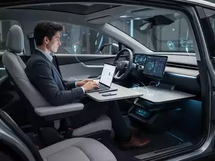 Innenansicht eines modernen Elektro-SUV, als mobiles Büro eingerichtet, mit einer Person, die an einem Laptop arbeitet. - Foto: über boerse-global.de