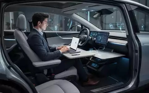 Innenansicht eines modernen Elektro-SUV, als mobiles Büro eingerichtet, mit einer Person, die an einem Laptop arbeitet. - Foto: über boerse-global.de