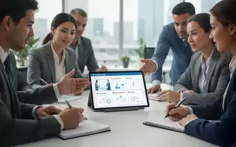 Eine Gruppe von Geschäftsleuten in einem modernen Büro arbeitet an einem Tablet, das digitale Schulungsinhalte zeigt, symbolisierend digitale Weiterbildung und Unterstützung am Arbeitsplatz. - Foto: über boerse-global.de