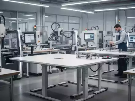 Ein moderner, ergonomisch gestalteter Industriearbeitsplatz mit modularen Elementen und höhenverstellbaren Tischen in einer Produktionshalle. - Foto: über boerse-global.de