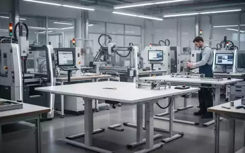 Ein moderner, ergonomisch gestalteter Industriearbeitsplatz mit modularen Elementen und höhenverstellbaren Tischen in einer Produktionshalle. - Foto: über boerse-global.de