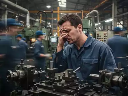 Ein Fabrikarbeiter in einer Metallverarbeitungsanlage mit unscharfem Hintergrund von Maschinen und anderen Arbeitern, der müde wirkt. - Foto: über boerse-global.de
