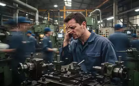 Ein Fabrikarbeiter in einer Metallverarbeitungsanlage mit unscharfem Hintergrund von Maschinen und anderen Arbeitern, der müde wirkt. - Foto: über boerse-global.de