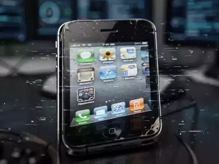Nahaufnahme eines älteren iPhone-Modells mit Retro-iOS-Oberfläche und digitalen Glitch-Effekten, die auf ein technisches Problem hindeuten. - Foto: über boerse-global.de
