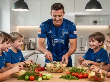 Fußballspieler Tjark Ernst von Hertha BSC bereitet mit Grundschulkindern einen gesunden Couscous-Salat zu. - Foto: über boerse-global.de