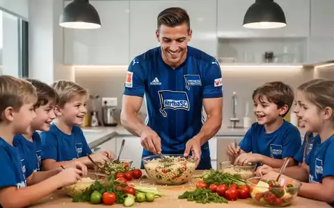 Fußballspieler Tjark Ernst von Hertha BSC bereitet mit Grundschulkindern einen gesunden Couscous-Salat zu. - Foto: über boerse-global.de