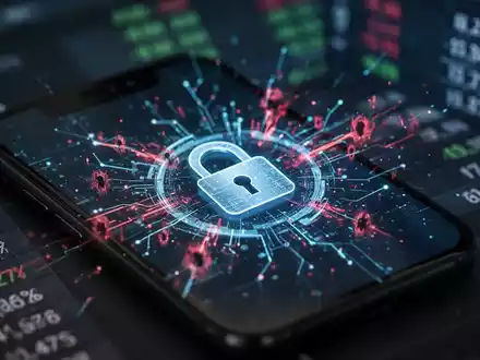 Ein Smartphone-Bildschirm zeigt digitale Sicherheitsbedrohungen und ein Vorhängeschloss-Symbol, im Hintergrund unscharfe Finanzdaten. - Foto: über boerse-global.de
