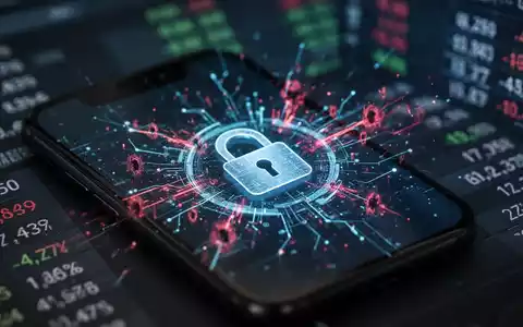 Ein Smartphone-Bildschirm zeigt digitale Sicherheitsbedrohungen und ein Vorhängeschloss-Symbol, im Hintergrund unscharfe Finanzdaten. - Foto: über boerse-global.de