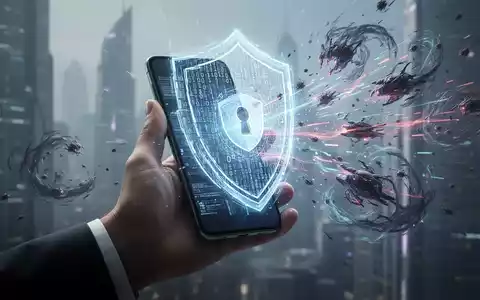 Eine Hand hält ein Smartphone, von dem ein holografischer Schutzschild aus Binärcode ausgeht, der es vor digitalen Bedrohungen schützt. - Foto: über boerse-global.de
