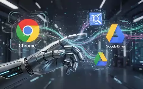 Eine Hand interagiert mit einer holografischen Oberfläche, die Google-Produktsymbole und Datenströme zeigt, was KI-Integration darstellt. - Foto: über boerse-global.de