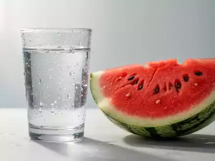 Ein klares Glas Wasser mit Kondenswasser und eine Scheibe Wassermelone auf hellem Hintergrund, symbolisieren Hydration und Gesundheit. - Foto: über boerse-global.de