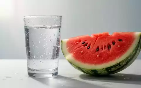 Ein klares Glas Wasser mit Kondenswasser und eine Scheibe Wassermelone auf hellem Hintergrund, symbolisieren Hydration und Gesundheit. - Foto: über boerse-global.de