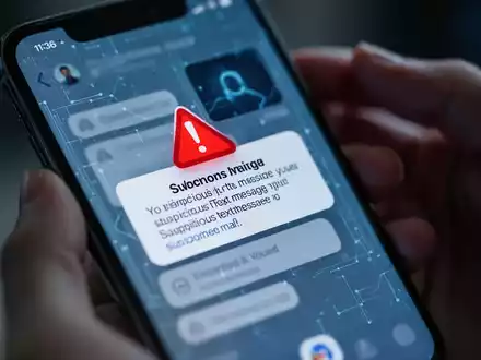 Nahaufnahme eines Smartphone-Bildschirms mit einer Warnmeldung zu einer verdächtigen Textnachricht. Im Hintergrund sind unscharfe Hände zu sehen, die das Telefon halten. - Foto: über boerse-global.de