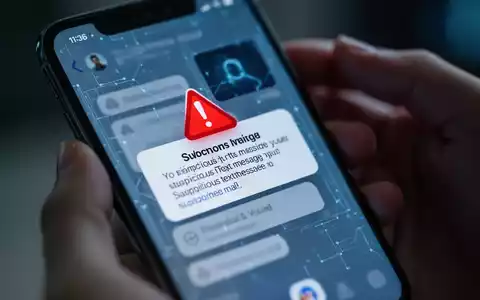 Nahaufnahme eines Smartphone-Bildschirms mit einer Warnmeldung zu einer verdĂ€chtigen Textnachricht. Im Hintergrund sind unscharfe HĂ€nde zu sehen, die das Telefon halten. - Foto: ĂŒber boerse-global.de