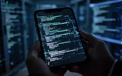 Ein Smartphone-Bildschirm mit abstraktem, leuchtendem Code in einer dunklen Umgebung, symbolisiert eine digitale Schwachstelle. - Foto: über boerse-global.de