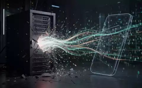 Abstrakte Darstellung von Daten, die von einem Server fließen, mit binärem Code und einer Smartphone-Silhouette, die einen Cyberangriff symbolisiert. - Foto: über boerse-global.de