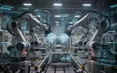 Industrieroboterarme mit digitaler Einblendung von Cybersicherheitsdaten und Compliance-Symbolen. - Foto: über boerse-global.de
