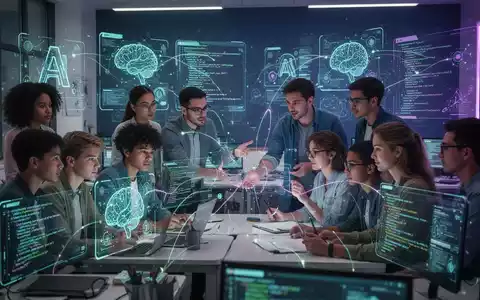 Schüler und Lehrkräfte in einem modernen Klassenzimmer interagieren mit holografischen Displays und digitalen Schnittstellen zu KI und Technologie. - Foto: über boerse-global.de