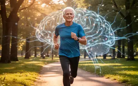Eine ältere, gesunde Person joggt durch einen sonnigen Park, mit einer abstrakten Darstellung von Gehirnaktivität im Hintergrund. - Foto: über boerse-global.de