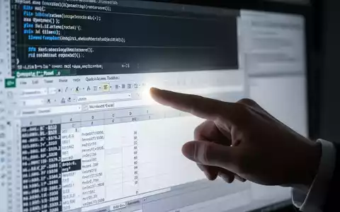 Hand zeigt auf die Symbolleiste für den Schnellzugriff in Excel, VBA-Code sichtbar. Fokus auf Effizienz und Datenverwaltung. - Foto: über boerse-global.de