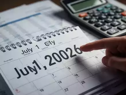 Ein Kalenderblatt mit dem Datum 1. Juli 2026, eine Hand zeigt darauf. Im Hintergrund unscharfe Finanzdokumente und ein Taschenrechner. - Foto: über boerse-global.de