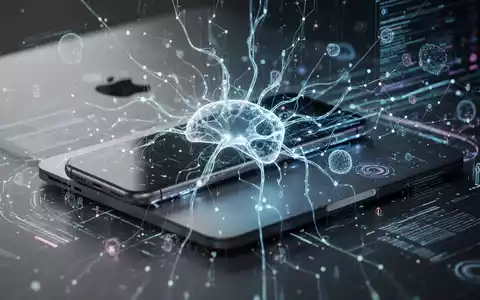 Leuchtendes, abstraktes neuronales Netzwerk-Design auf einem eleganten Apple-Gerät, das KI und Automatisierung symbolisiert. - Foto: über boerse-global.de