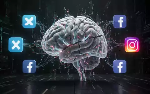 Stilisierte digitale Gehirn mit leuchtenden Verbindungen zu Social-Media-Icons, das den Einfluss von KI auf Online-Meinungen zeigt. - Foto: über boerse-global.de