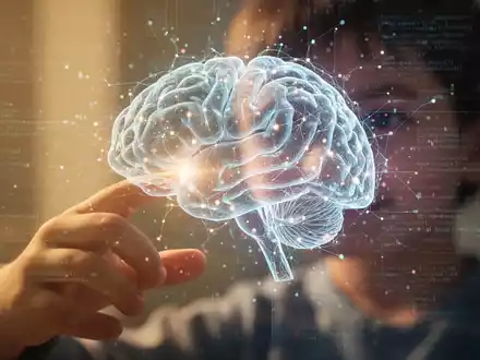 Kinderhand berührt leuchtendes, abstraktes digitales Gehirn, Symbol für pädiatrische Neurologie und KI. - Foto: über boerse-global.de