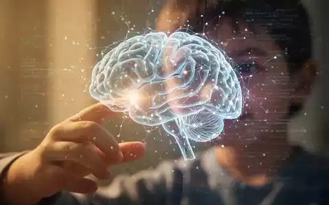 Kinderhand berührt leuchtendes, abstraktes digitales Gehirn, Symbol für pädiatrische Neurologie und KI. - Foto: über boerse-global.de