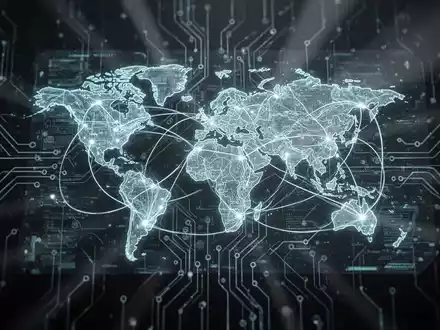 Leuchtendes, abstraktes neuronales Netzwerk mit holografischer Weltkarte, symbolisiert globale KI-Kontrolle und vernetzte Daten. - Foto: über boerse-global.de