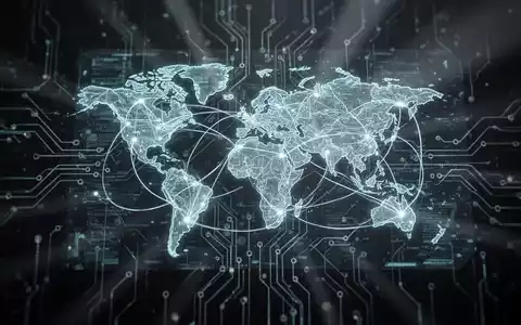 Leuchtendes, abstraktes neuronales Netzwerk mit holografischer Weltkarte, symbolisiert globale KI-Kontrolle und vernetzte Daten. - Foto: über boerse-global.de