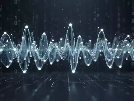 Futuristischer Schallwellen-Visualizer mit leuchtenden Knoten und Binärcode-Overlay, symbolisiert KI in der Musik. - Foto: über boerse-global.de