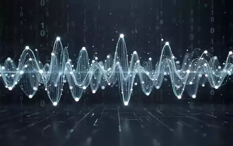 Futuristischer Schallwellen-Visualizer mit leuchtenden Knoten und Binärcode-Overlay, symbolisiert KI in der Musik. - Foto: über boerse-global.de