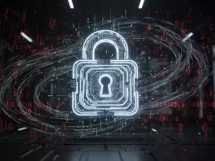 Leuchtendes, mehrschichtiges digitales Schloss-Symbol, umgeben von wirbelnden Datenströmen und rotem Code, symbolisiert Zwei-Faktor-Authentifizierung und Cyber-Bedrohungen. - Foto: über boerse-global.de