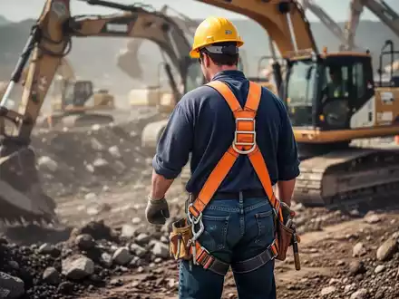 Ein Bauarbeiter in einem Bagger, der einen Sicherheitsgurt trägt, auf einer Baustelle mit schwerem Gerät im Hintergrund. - Foto: über boerse-global.de