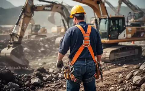 Ein Bauarbeiter in einem Bagger, der einen Sicherheitsgurt trägt, auf einer Baustelle mit schwerem Gerät im Hintergrund. - Foto: über boerse-global.de