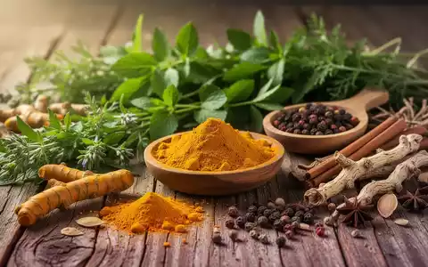 Frische Kräuter und Gewürze, darunter Kurkuma, auf einer Holzoberfläche. Symbolisiert traditionelle Medizin und gesunde Ernährung. - Foto: über boerse-global.de