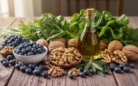Eine Nahaufnahme einer Vielzahl von gesunden Lebensmitteln, die für die Gehirngesundheit vorteilhaft sind, darunter Beeren, Nüsse und grünes Blattgemüse. - Foto: über boerse-global.de