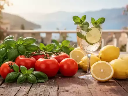 Ein Stillleben mit frischen italienischen Zutaten wie Tomaten, Basilikum, Zitronen und einem Glas Hugo Spritz auf einem Holztisch. - Foto: über boerse-global.de