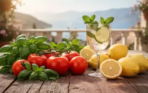 Ein Stillleben mit frischen italienischen Zutaten wie Tomaten, Basilikum, Zitronen und einem Glas Hugo Spritz auf einem Holztisch. - Foto: ĂŒber boerse-global.de