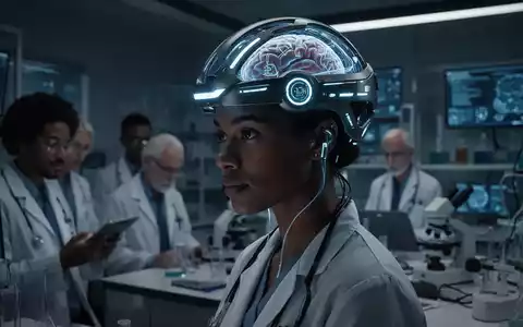 Nahaufnahme eines futuristischen Gehirn-Helms mit leuchtenden Elementen, der auf einem Menschenkopf in einem Hightech-Labor sitzt. - Foto: über boerse-global.de