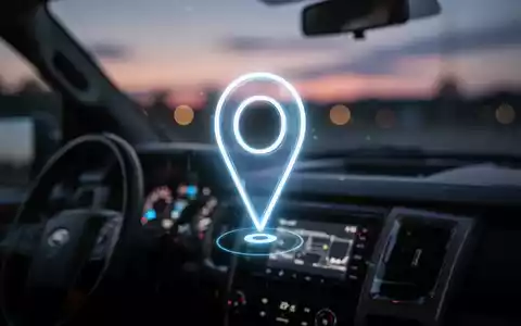 Ein stilisiertes, leuchtendes GPS-Pin-Symbol über einem verschwommenen Armaturenbrett eines Firmenfahrzeugs in der Dämmerung. - Foto: über boerse-global.de