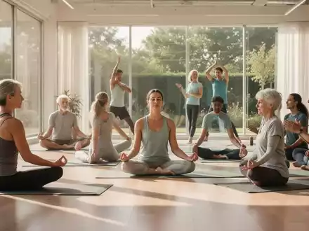 Eine vielfältige Gruppe von Menschen nimmt an verschiedenen Gesundheits- und Präventionskursen teil, darunter Yoga, Meditation und Gruppendiskussionen. - Foto: über boerse-global.de