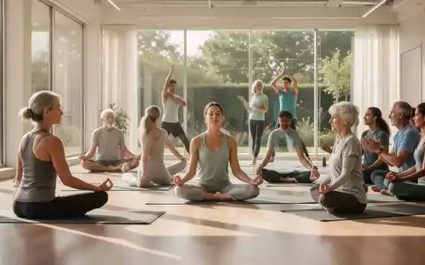 Eine vielfältige Gruppe von Menschen nimmt an verschiedenen Gesundheits- und Präventionskursen teil, darunter Yoga, Meditation und Gruppendiskussionen. - Foto: über boerse-global.de