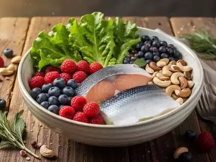 Eine Nahaufnahme einer bunten Schale mit gesunden, entzündungshemmenden Lebensmitteln wie Beeren, Nüssen und grünem Blattgemüse. - Foto: über boerse-global.de