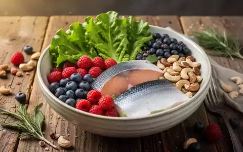 Eine Nahaufnahme einer bunten Schale mit gesunden, entzündungshemmenden Lebensmitteln wie Beeren, Nüssen und grünem Blattgemüse. - Foto: über boerse-global.de
