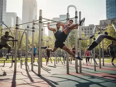 Eine Gruppe von Menschen trainiert an modernen Calisthenics-Geräten in einem sonnigen Stadtpark. - Foto: über boerse-global.de